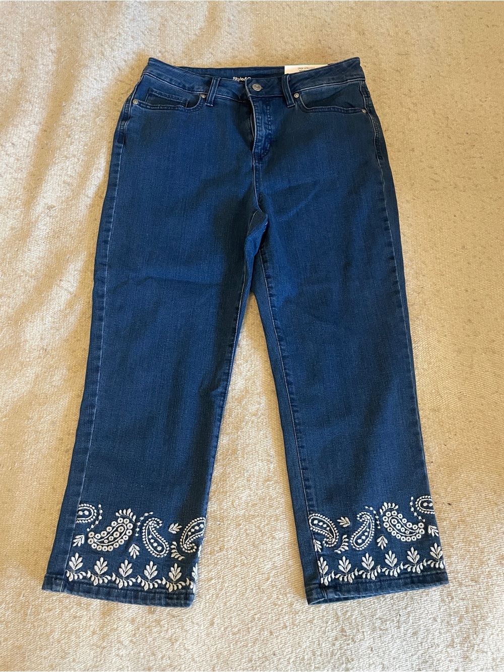 Style & Co. Dark Blue Cropped Jeans with White Embroidered Hem